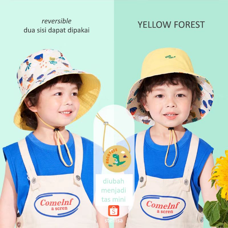 TOPI ANAK | reversible double sided wearable - anti UV - fisherman fun childhood FOLDABLE BAG HAT het import unisex kid cewek cowok balita lucu outdoor gunung pantai kebun cod