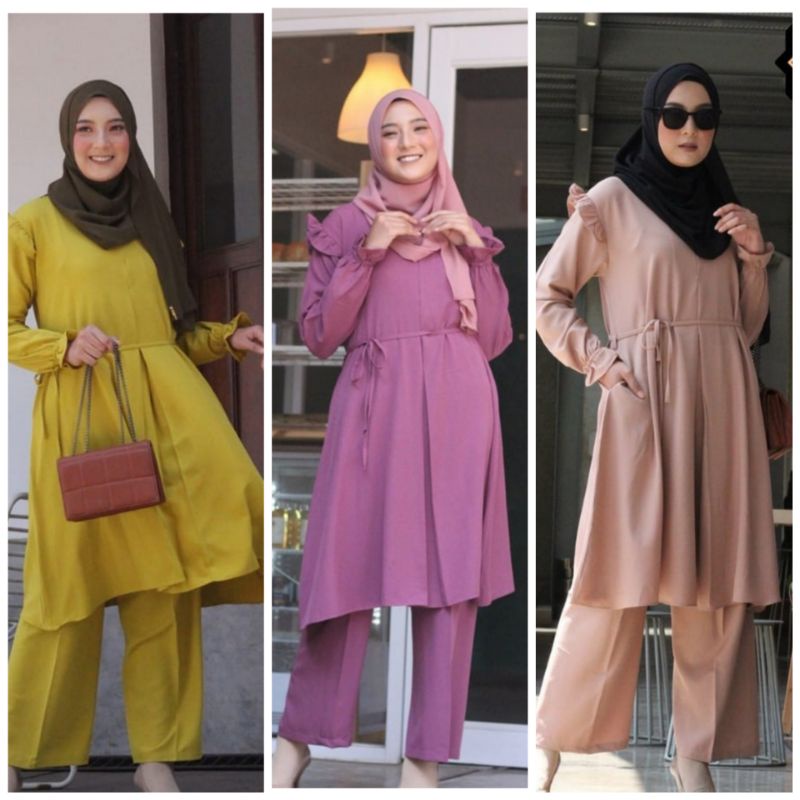 set baju muslim wanita tunik celana panjang faziyah one set ori by sv syari