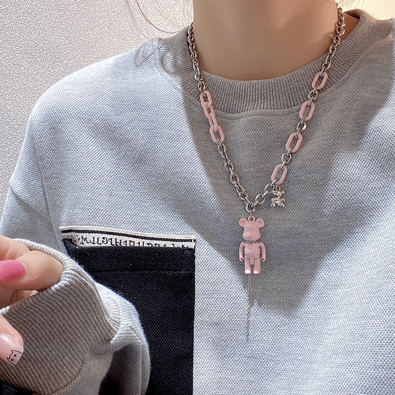 Kalung Dengan Liontin Beruang Warna Pink Hitam Gaya Hip hop Untuk Wanita