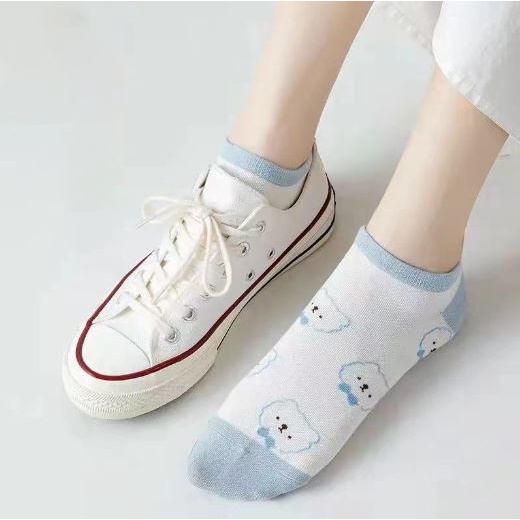 DF KK206 Kaos Kaki Wanita Motif Beruang Biru Muda Kaos Kaki Pendek Fashion Korean Unisex Semata Kaki