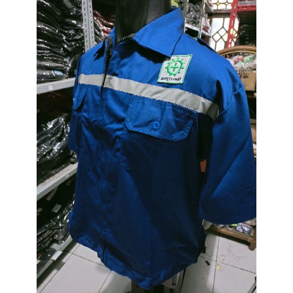 BAJU SAFETY LENGAN PENDEK BIRU RESLETING KAIN DRILL ADEM