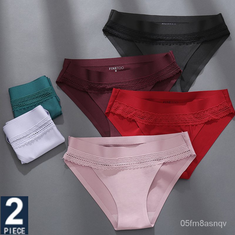 FINETOO 2PCS/Set Woman Lace Sexy Panties Ice Silk Women Underwear Seamless Low-Rise Lingerie Female