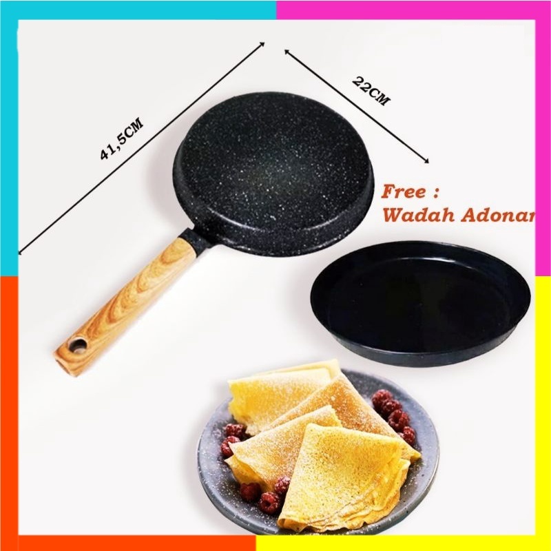 [Free Loyang] Suggo Crepes Maker 22 CM Gagang Kayu Wajan Kwalik Crepe Teflon Cetakan Kulit Lumpia Risoles Leker Anti Lengket