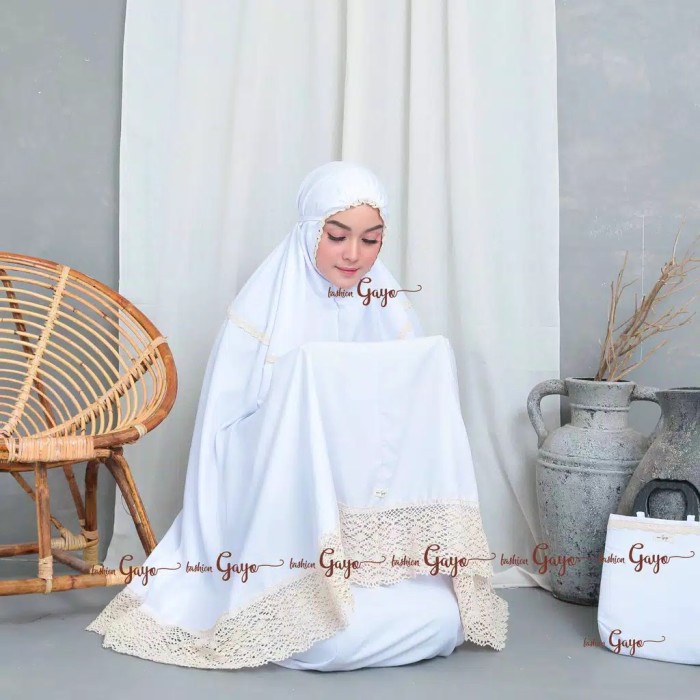 (PROMO) mukena dewasa jumbo bahan katun polos renda premium terbaru kekinian - Putih