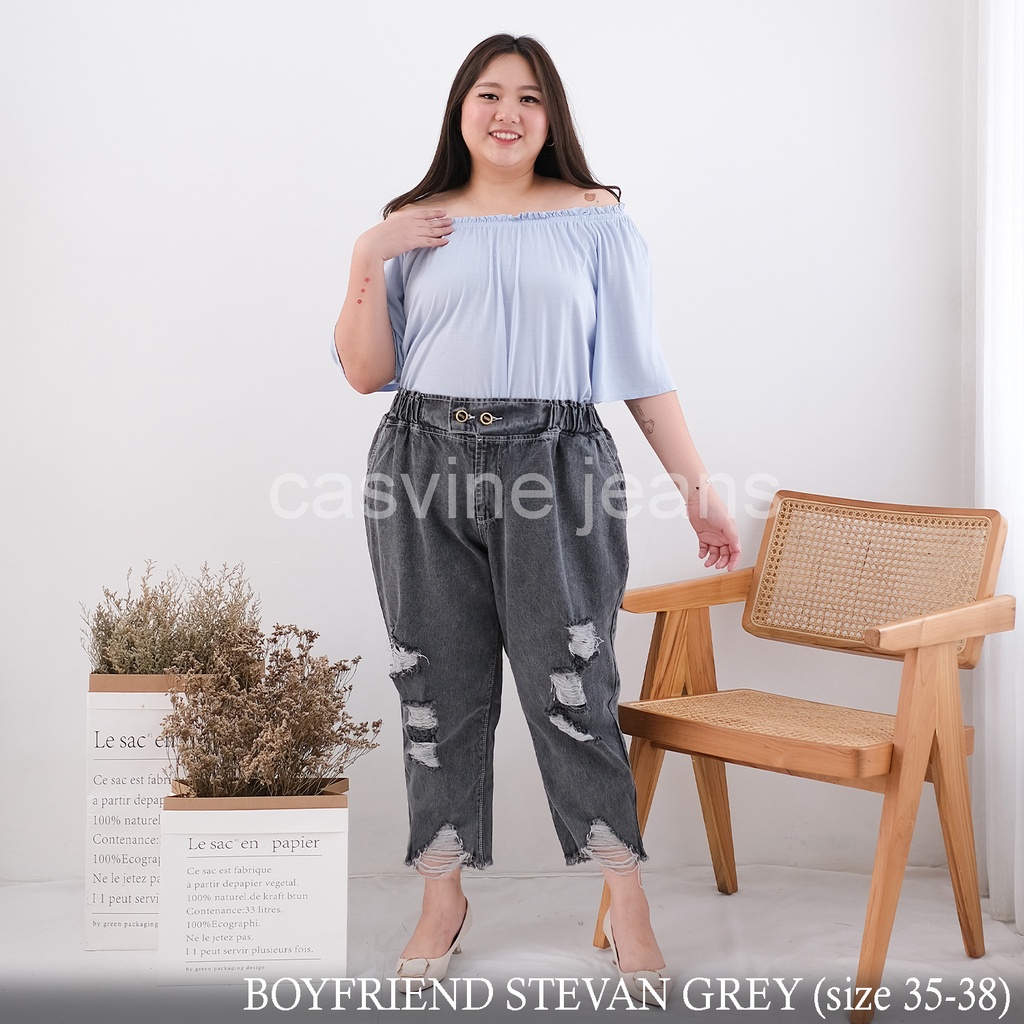 Boyfriend Jeans BF Rubber Pinggang Karet SNOW GREY Bigsize Jumbo