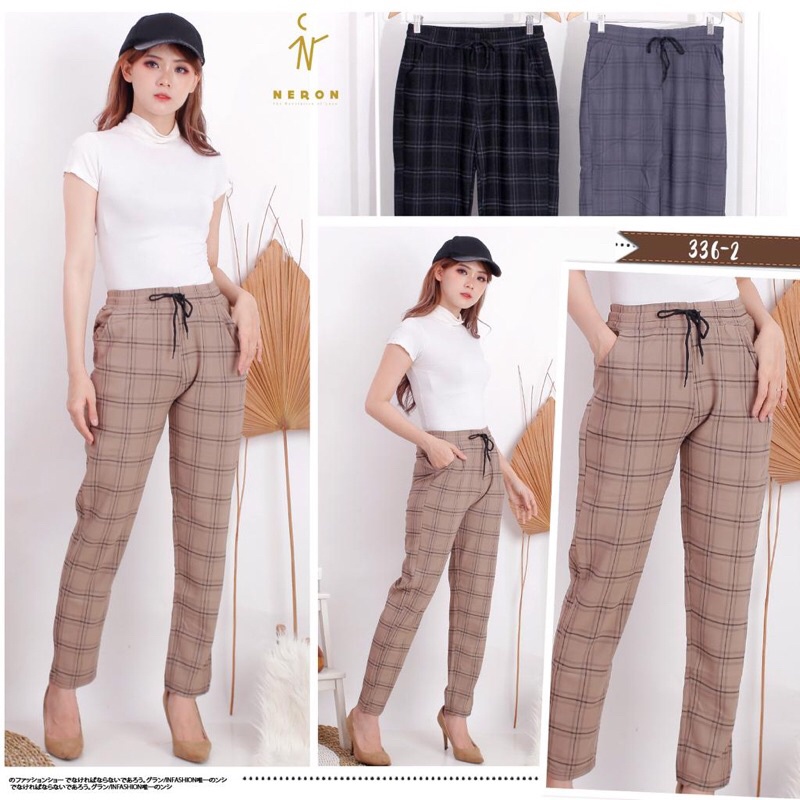 celana panjang wanita import // celana motif kotak//celana wanita bahan//celana korea//celana cargo