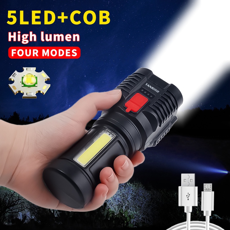 Lampu Senter 5 Led COB Super Terang Anti Air 4 Mode Jarak Jauh USB Rechargeable Untuk Outdoor / Darurat