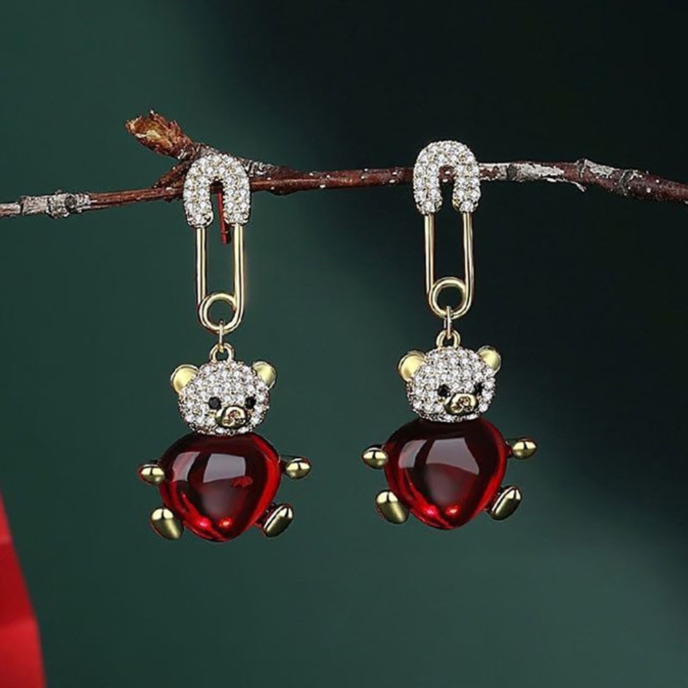 1 Pasang Anting Tusuk Sterling Silver 925 Desain Beruang Merah Hias Berlian Untuk Wanita