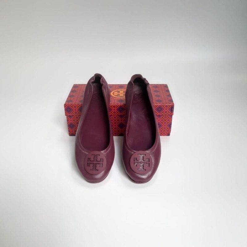 LIKE NEW SEPATU TORY BURCH BURGUNDY RED MAROON BALLERINA FLAT SHOES BRANDED AUTHENTIC ORIGINAL TB SA