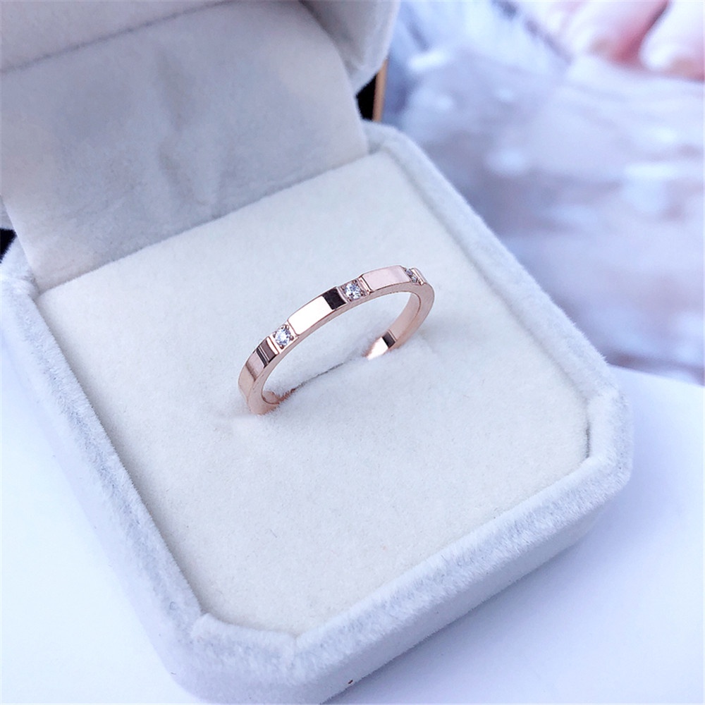 1 pcs Korea Titanium Steel Light Luxury Rose Gold Perak Berlian Pasangan Cincin Tipis untuk Pria dan Wanita