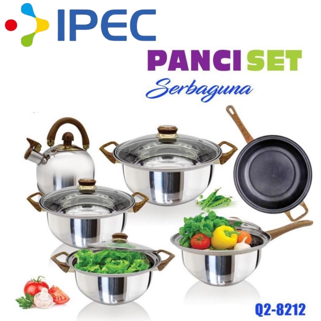 Panci Wajan Set Panci set 12pcs Stainless steel with tutup kaca frypan dan teko Q2 8212