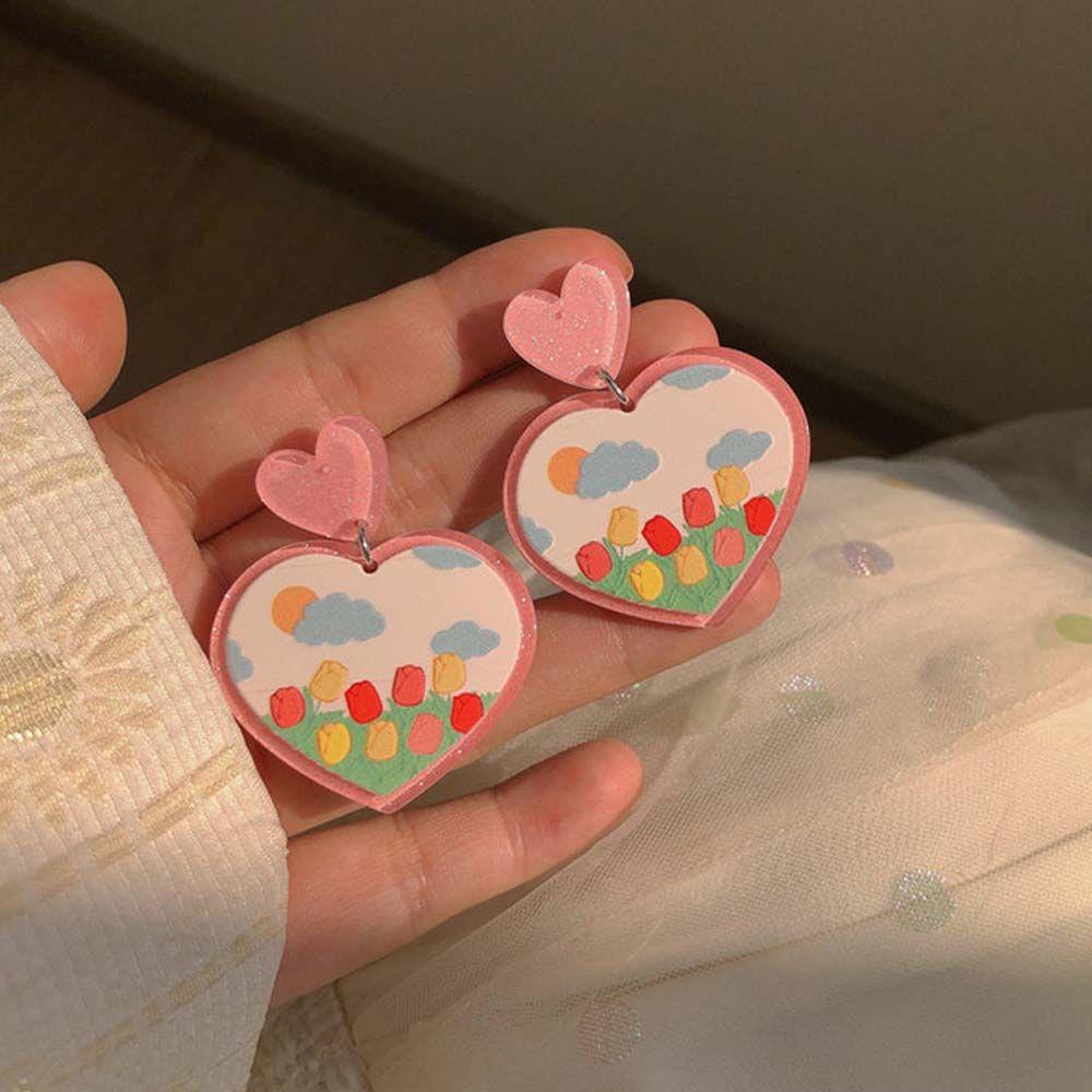 Anting Stud Bentuk Bunga Tulip Hati