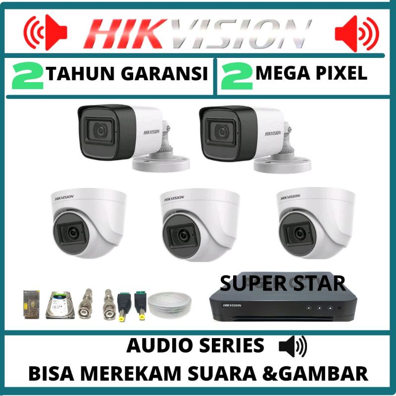 PAKET CCTV HIKVISION AUDIO 8 CHANNEL 5 KAMERA 2MP 1080P BISA MEREKAN SUARA