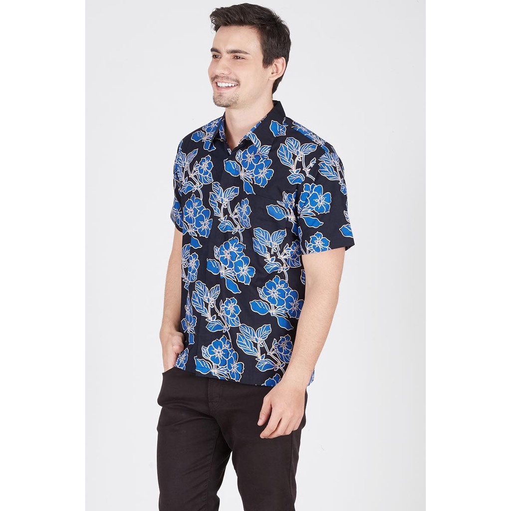 Kemeja Baju Batik Pria Lengan Pendek Cap Biru Muda Hitam
