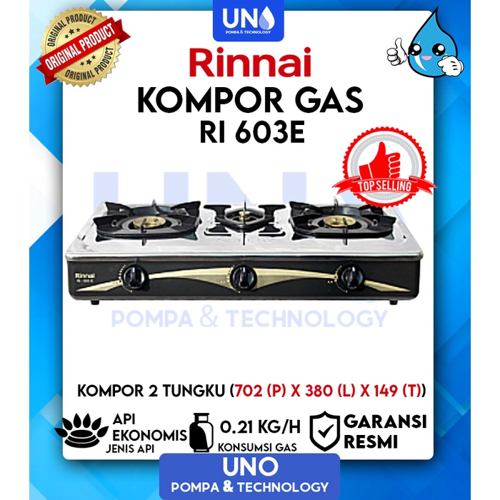 Rinnai Kompor Gas Stainless Steel 3 Tungku Api Ekonomis RI 603 E / RI603E / RI-603 E