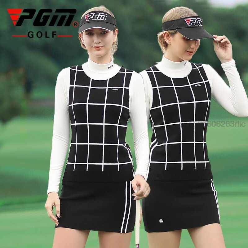 PREORDER PGM Set Pakaian Golf Wanita Set Rok Olahraga Rajut Hangat Baju Rompi Kotak-kotak Wanita
