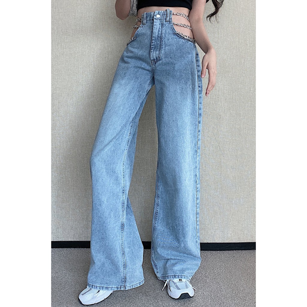 Suhao Net Hong Kong Style Chain High Waist Wide-Legged Jeans Musim Semi dan Musim Panas Straight Slack Slim Fit Pants