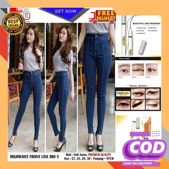 Celana Panjang 7/9 Wanita Jeans Stretch Karet Clana Jins Cewek Model Pinggang Kancing Lipat Bawah [O