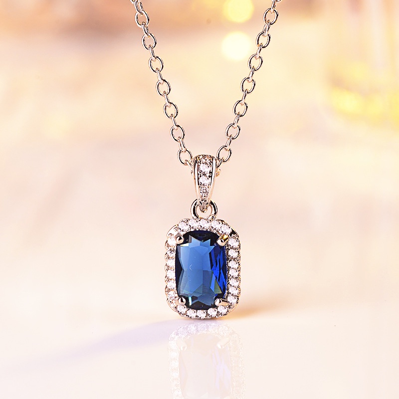 [Ready Stock]Fashion Square Princess Diamond Pendant Color Gemstone Necklace