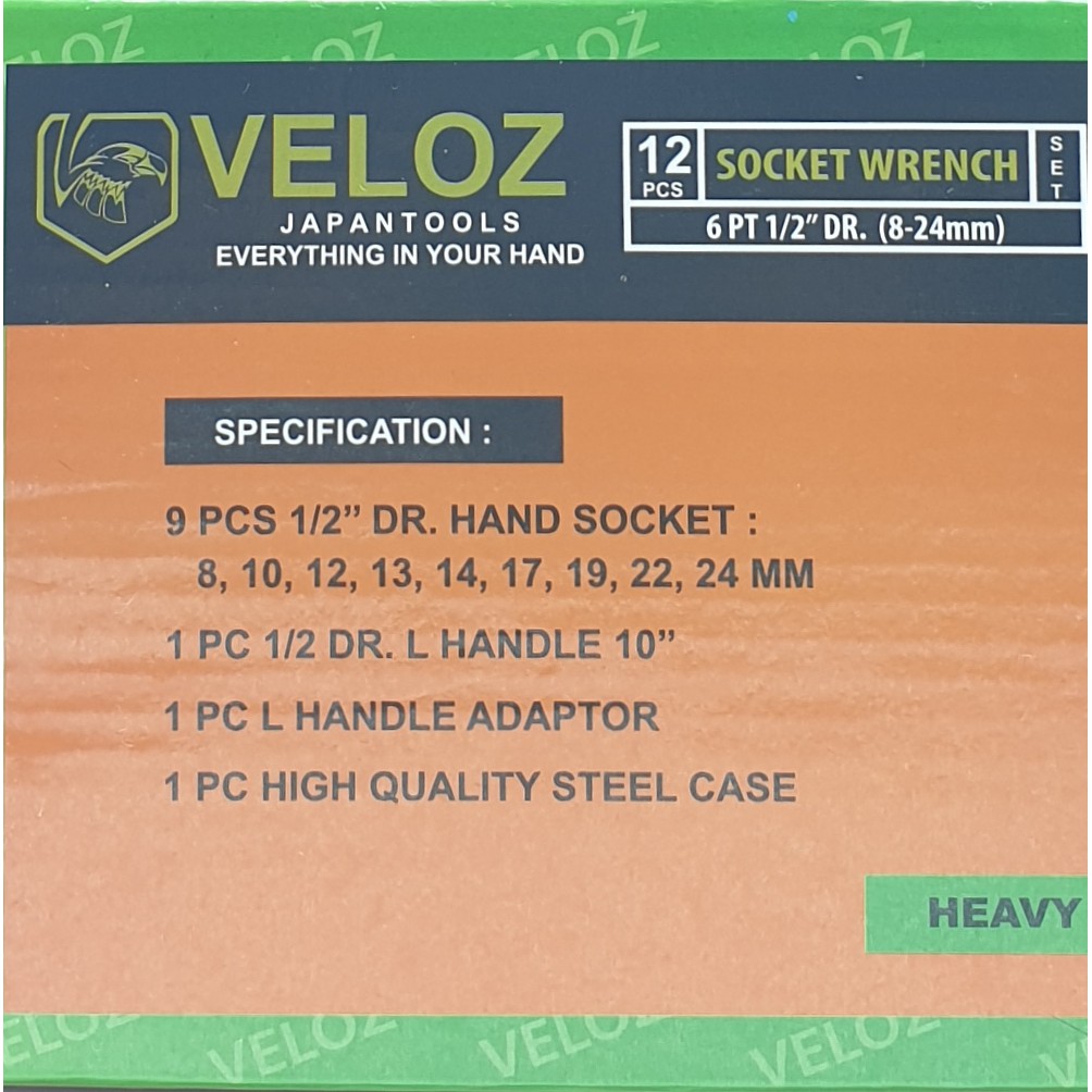 Veloz Premium SET 8-24  Kunci Sok Sock Socket 12 Pcs 8-24mm 6PT 1/2&quot; Chrome Vanadium Steel