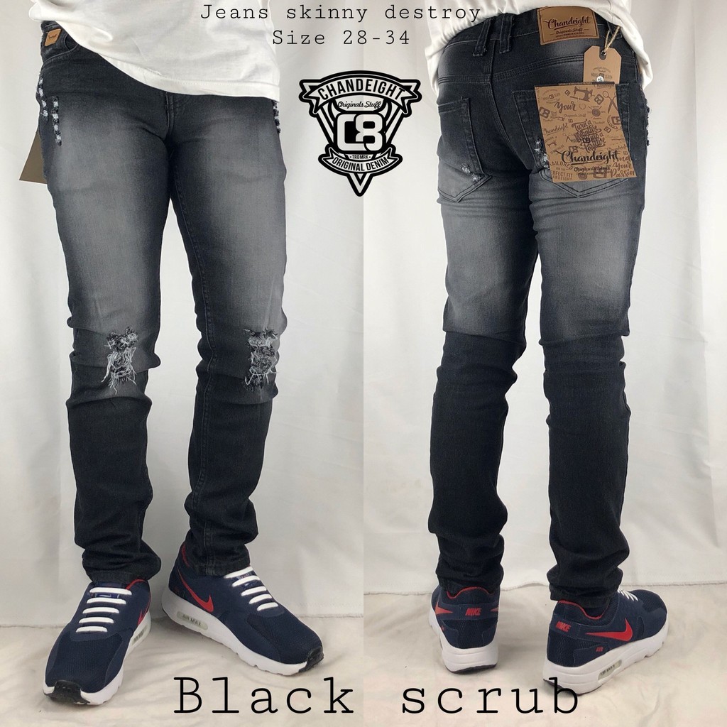 Celana Jeans Pria Skinny Biker Motor Ripped Knee Rips Sobek Robek Black Denim Streact Berkualitas S0