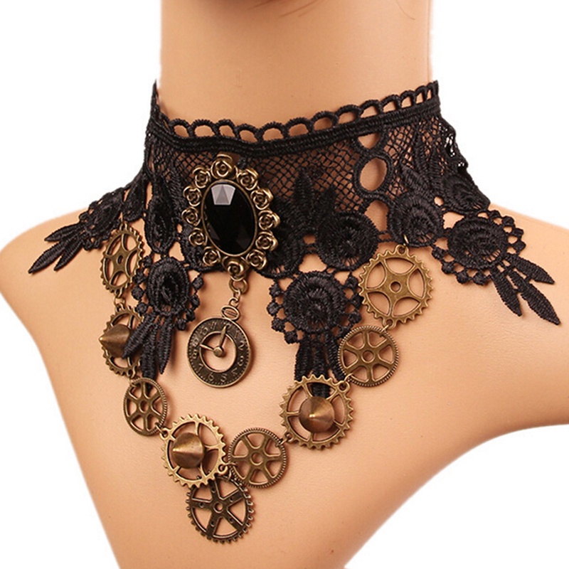 Kalung Choker Bahan Lace Dengan Liontin Gaya Vintage Gothic Steampunk