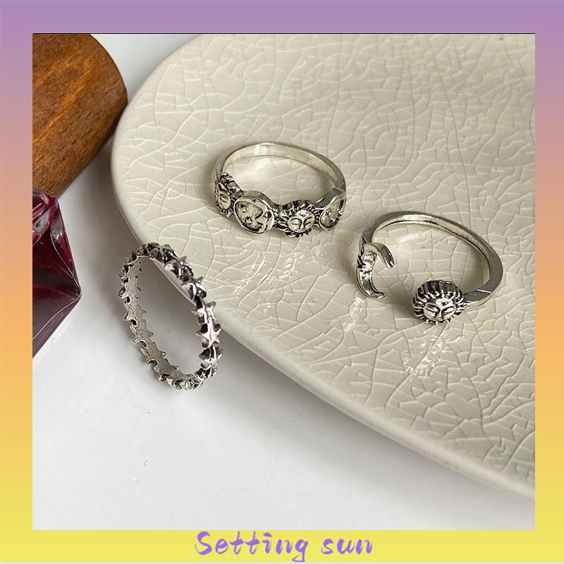 Cincin Gabungan Terbuka Kreatif Retro Star Moon 3-piece Set Cincin TN