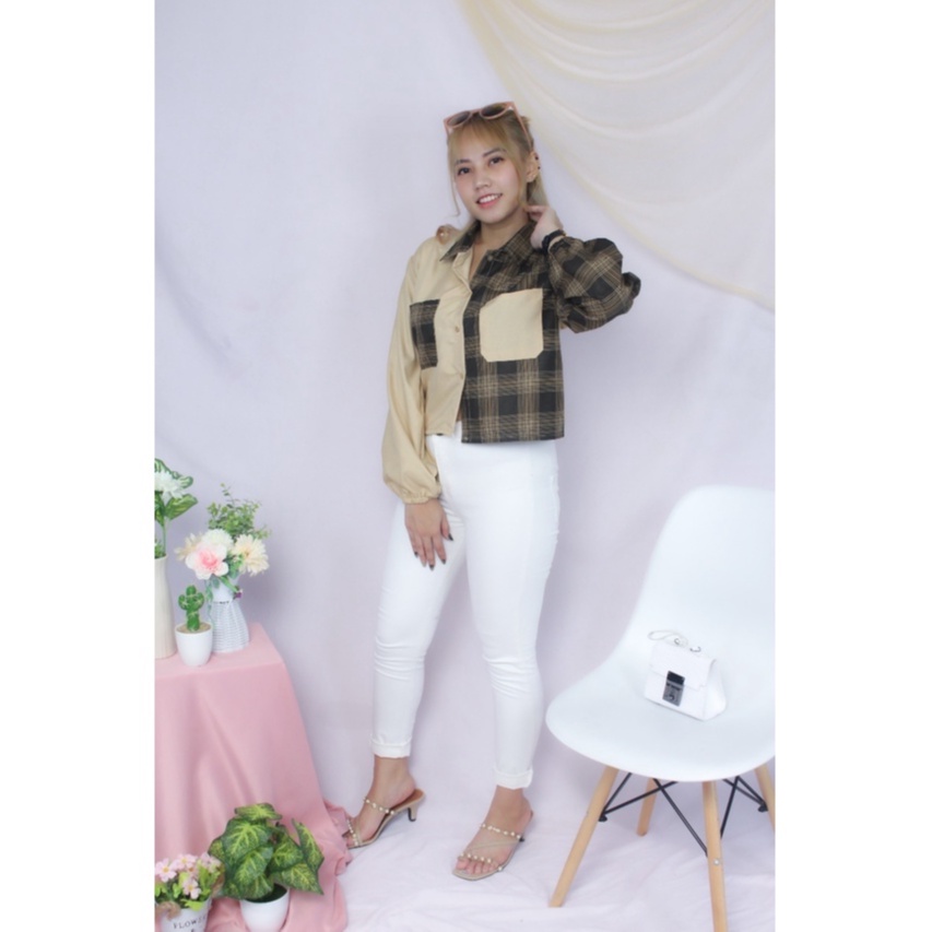 RX Fashion - Mika Crop Top Blouse // Shirt Top Tartan Two Tone // Kemeja Olive ( SPECIAL SALE - GRATIS ONGKIR )  - GA-COKSU - GUILEN HITAM