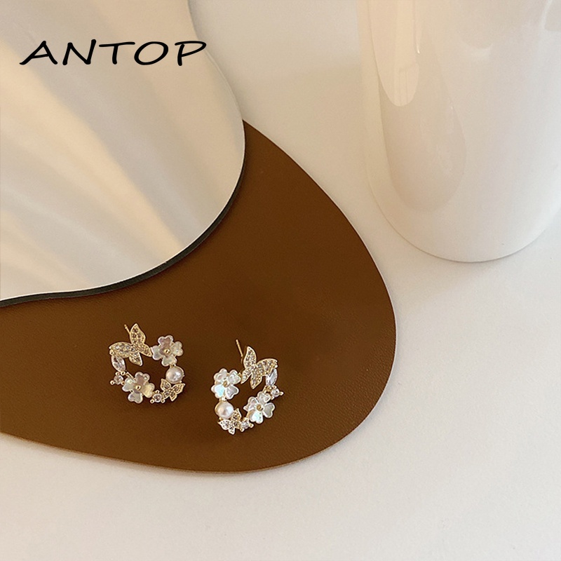 2Pcs Korea Bunga Anting Mutiara Perak Jarum Kupu-kupu Perhiasan Fashion Wanita ANTOP