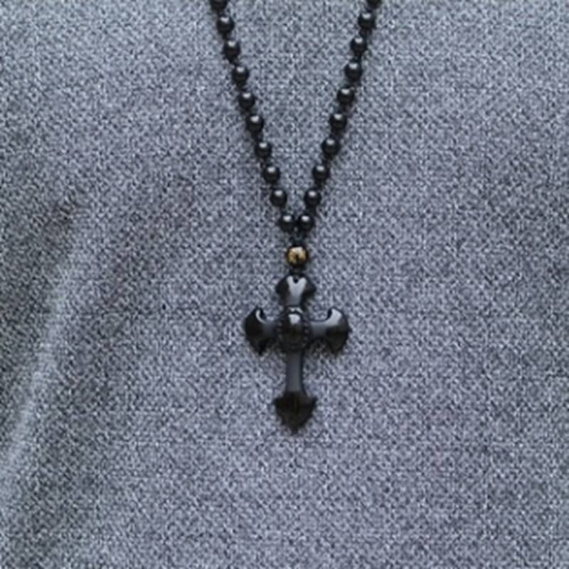 Kalung Liontin Manik-Manik Obsidian Ukir Salib Keberuntungan Warna Hitam Untuk Pria Dan Wanita