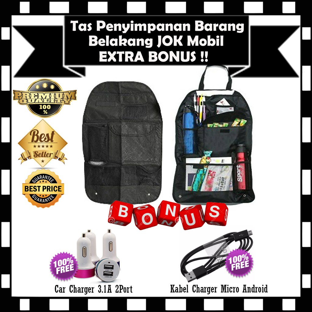 Tas Kantong Penyimpanan Barang Jok Belakang Mobil - GRATIS Car Charger 3.1A 2 Port &amp; Kabel Casan