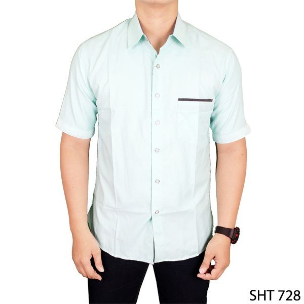 Man Casual Short Sleeved Slim Shirts Katun Hijau – SHT 728