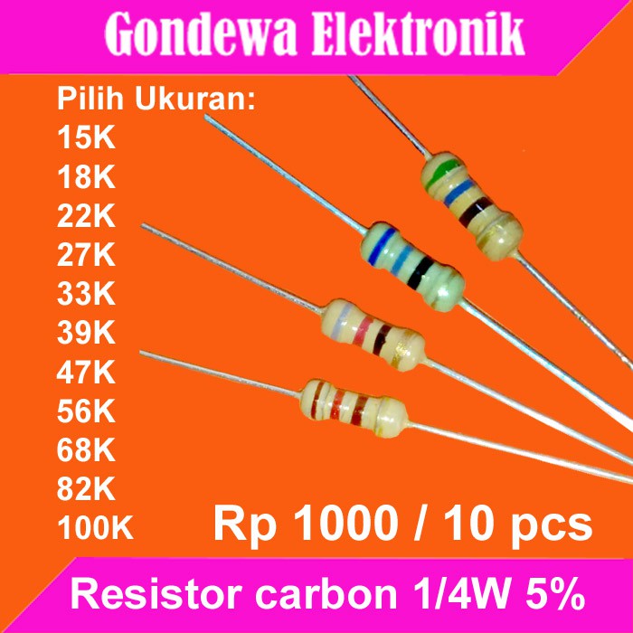 10 pcs resistor carbon 1/4W 5% 15K - 100K