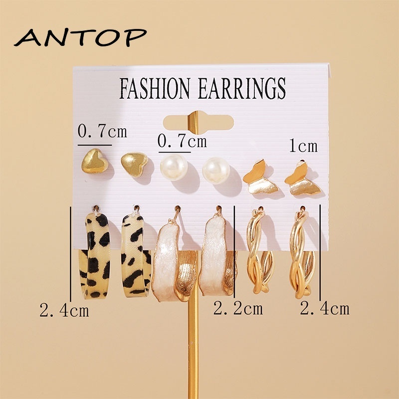 6 Pair/set Fashion Pearl Anting Leopard Print Bentuk Bulat Anting-Anting Pantai Perhiasan Aksesoris Wanita ANTOP