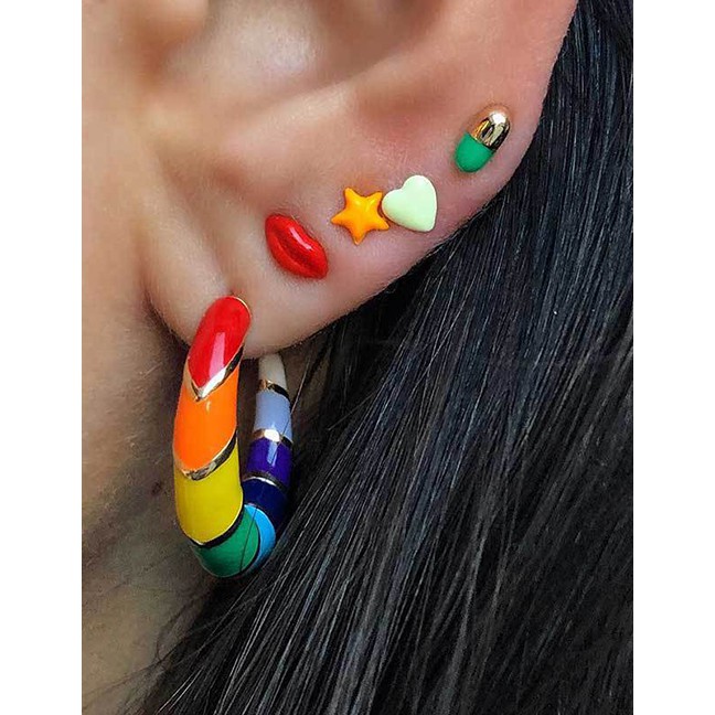 LRC Anting Tusuk Fashion Color Painted Oil Rainbow Earrings Set D07527