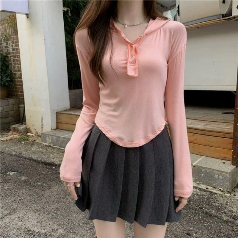 MDLV ~ 5061# Arlderine Rib Hoodie Top Atasan Hoodie Lengan Panjang Korea Look Fashion Import