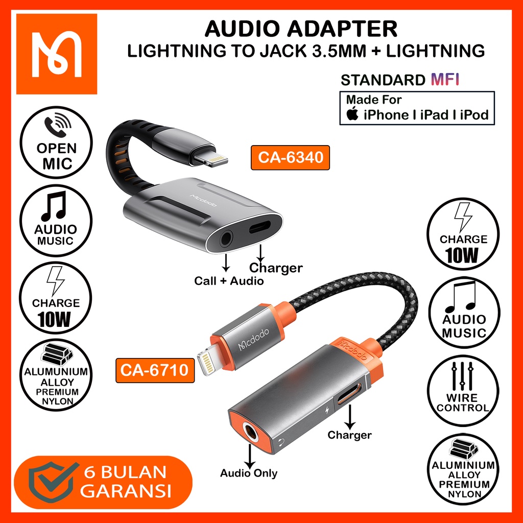 MCDODO Converter Splitter For Iphone Lightning Ke Jack 3.5mm + Lightning ,Charging Audio Call Open Mic CA-6340 ,CA-6710 , CA-0790 , CA-0950