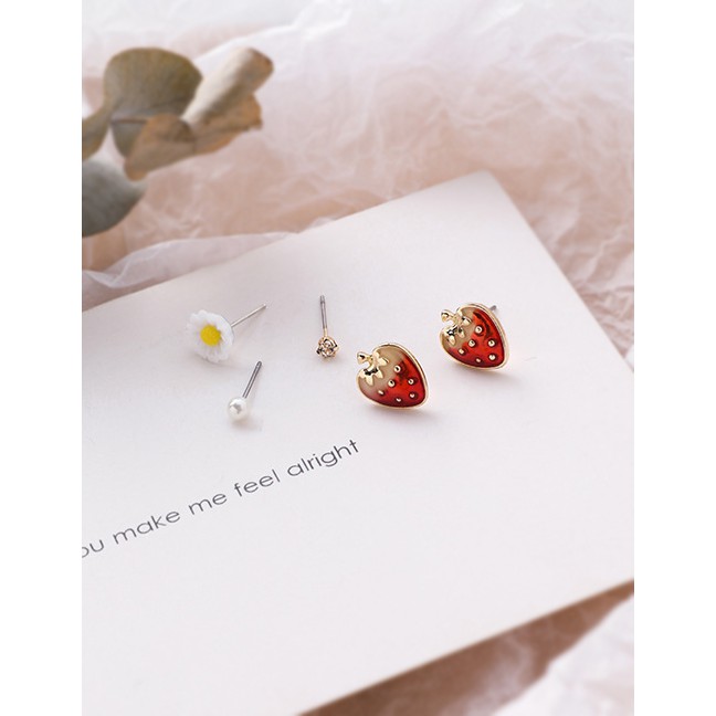 LRC Anting Tusuk Fashion Red Daisy Fruit Earrings Set Of 6 F81359