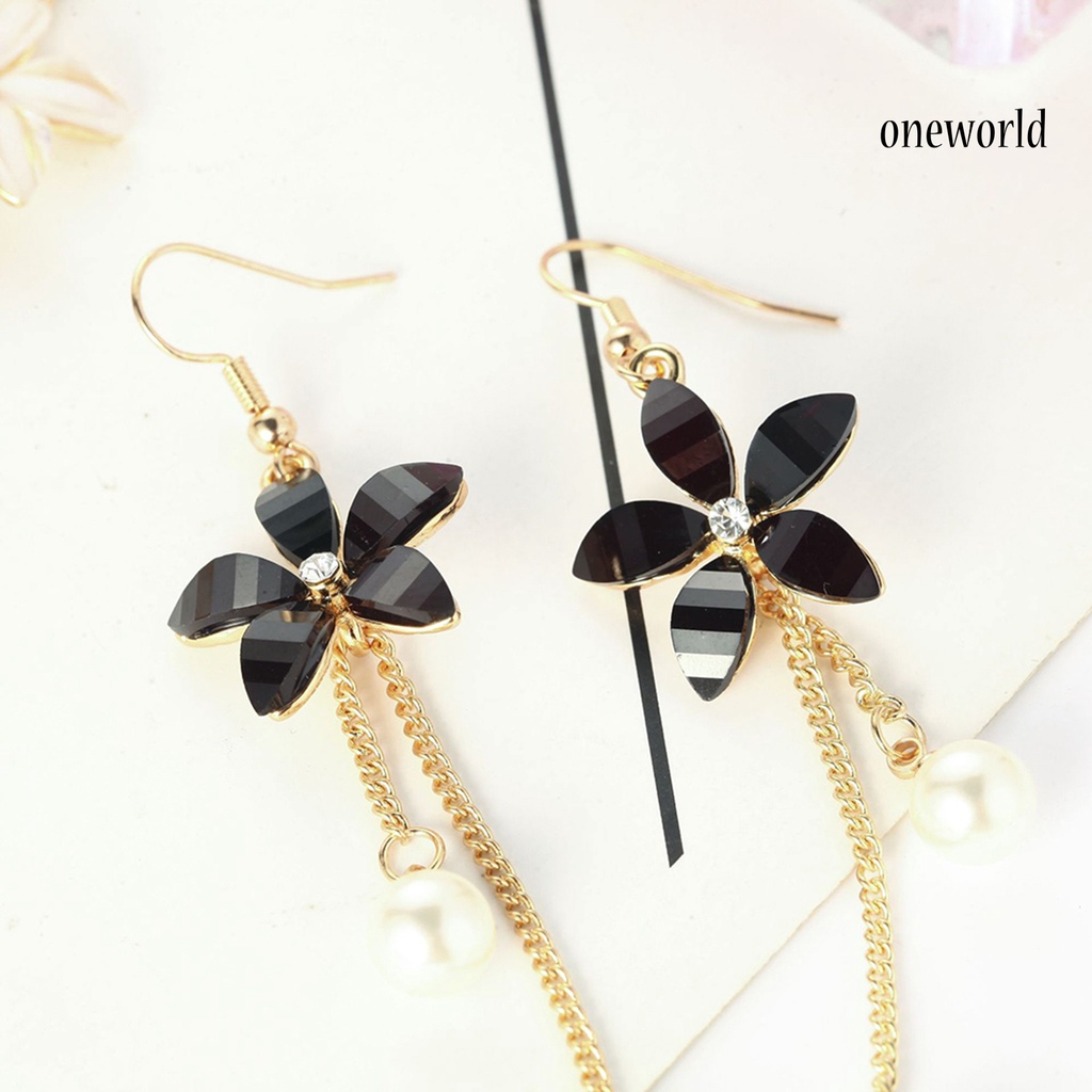 OW@ Earrings Flower Fake Pearl Pendant Elegant Alloy Long Chain Dangle Hook Earrings for Girl