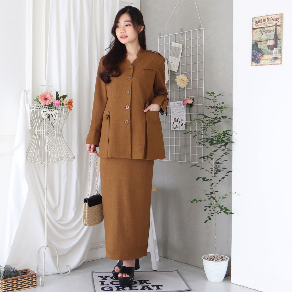 Baju Dinas Wanita Pemda Aceh Set Rok Span Blazer PNS ASN Keki Seragam Pemda Khaki Wanita Baju Guru C
