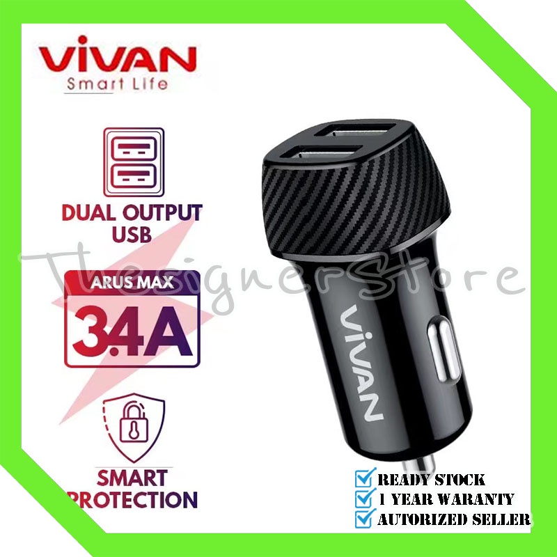 Car Charger VIVAN CC02C 3.4A Dual USB Smart IC Quick Charging Mobil Original Garansi Resmi 1 Tahun