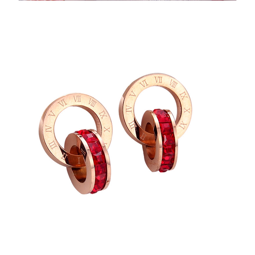 Anting Bentuk Cincin Ganda Bahan Titanium Aksen Berlian Warna Merah Dan Putih