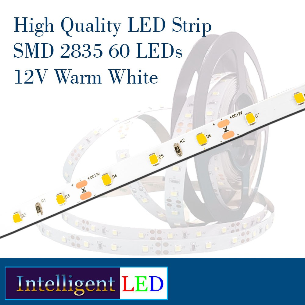 LED Strip SMD 2835 60 LEDs 5m/roll Warm White 12V 5 Watt PCB 8mm