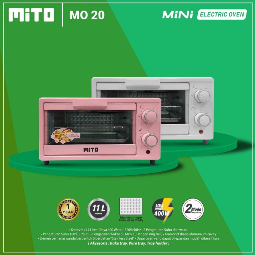 Oven Mini Mito MO 20 Kapasitas 11 Liter Oven Mito Oven Kecil Listrik Oven Panggangan Oven Pink Putih