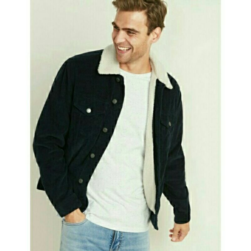 JAKET PRIA ON SHERPA LINED CORDUROY TRUCKER JACKET NAVY BRANDED