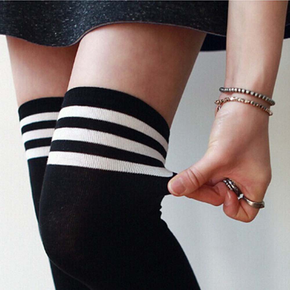 KT-04 Overknee socks kaos kaki panjang sepaha over knee black hitam 3 strip