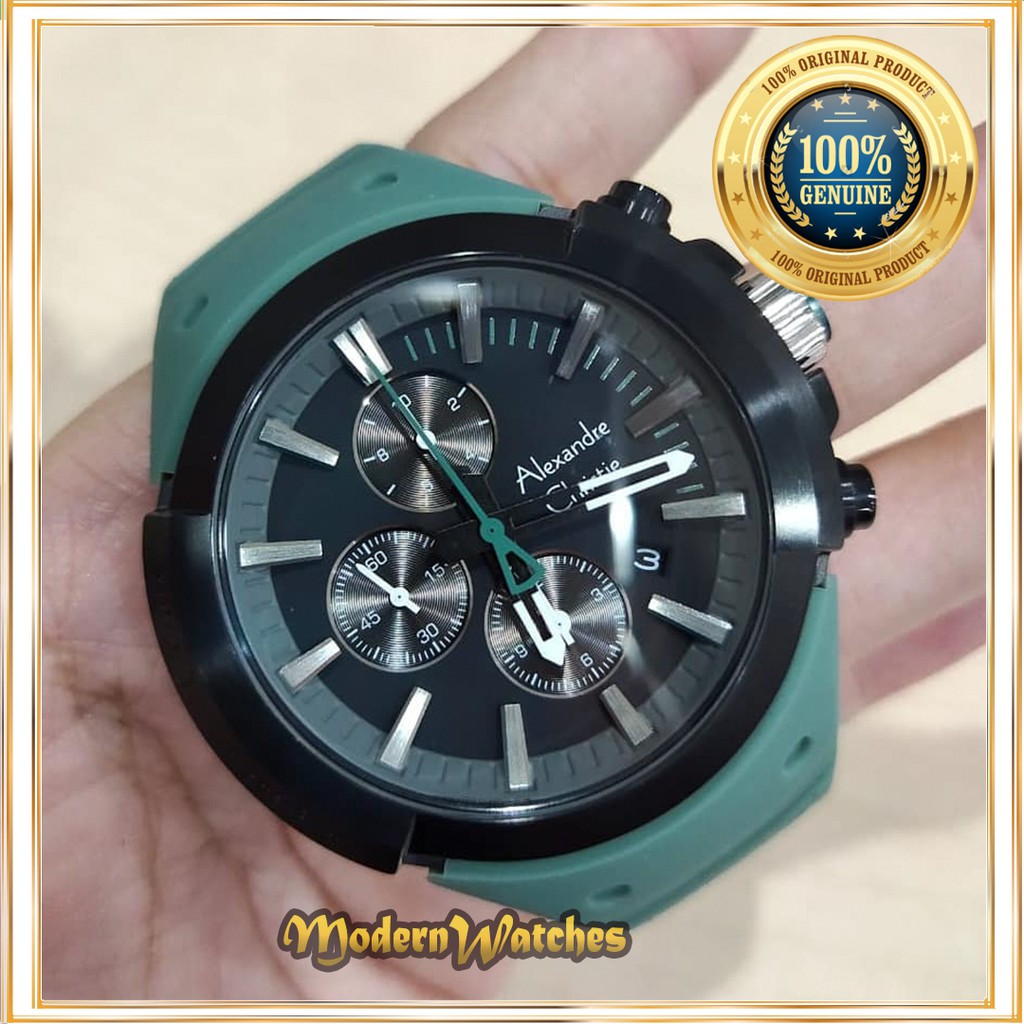 Jam Tangan Ori Pria Alexandre Christie Terbaru AC 6566 Rubber Sporty Green Black Hijau Hitam Keren