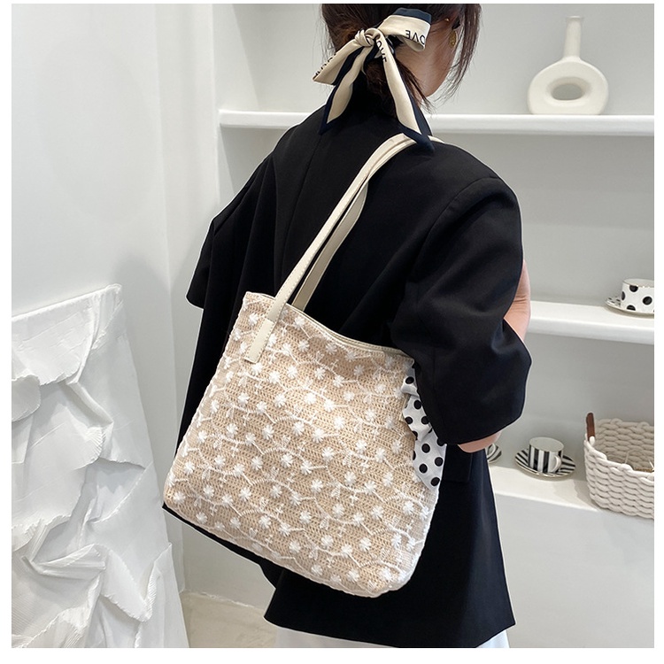 Drozenb Tas Tote Wanita Bahan Anyam Jerami Motif Bunga Putih/Totebag Fashion Korea Anyam Kulit Impor/Tote Korea Anyaman