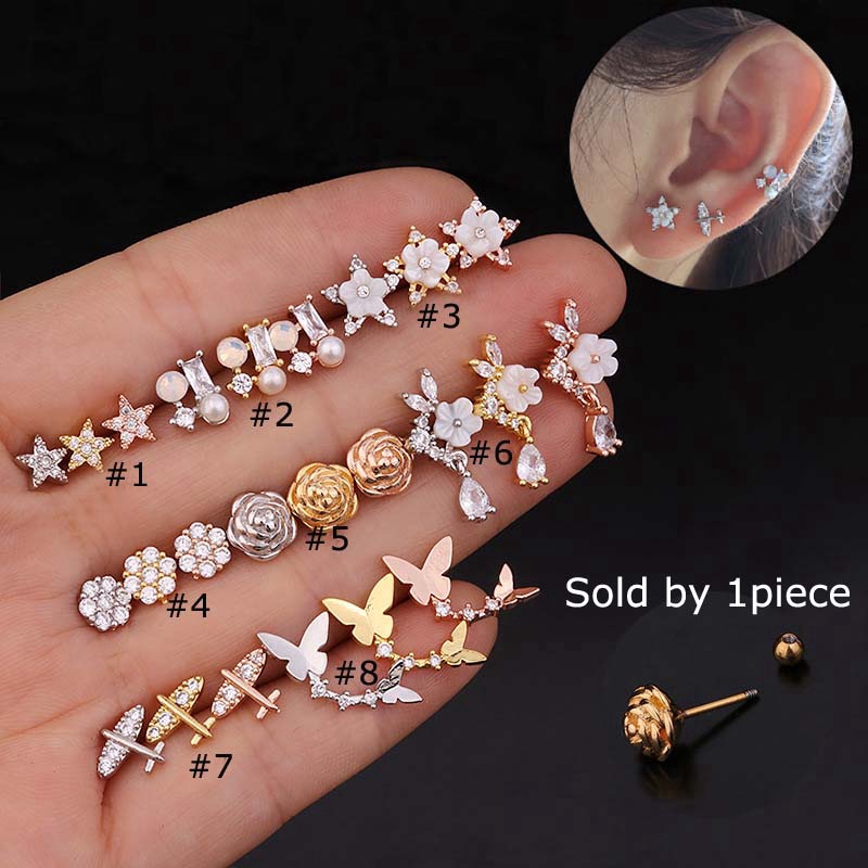 1piece 20G Helix Pinna Upper Lobe Percing  6mm Bar Stainless Steel Aeroplane Star Flower Butterfly Shape