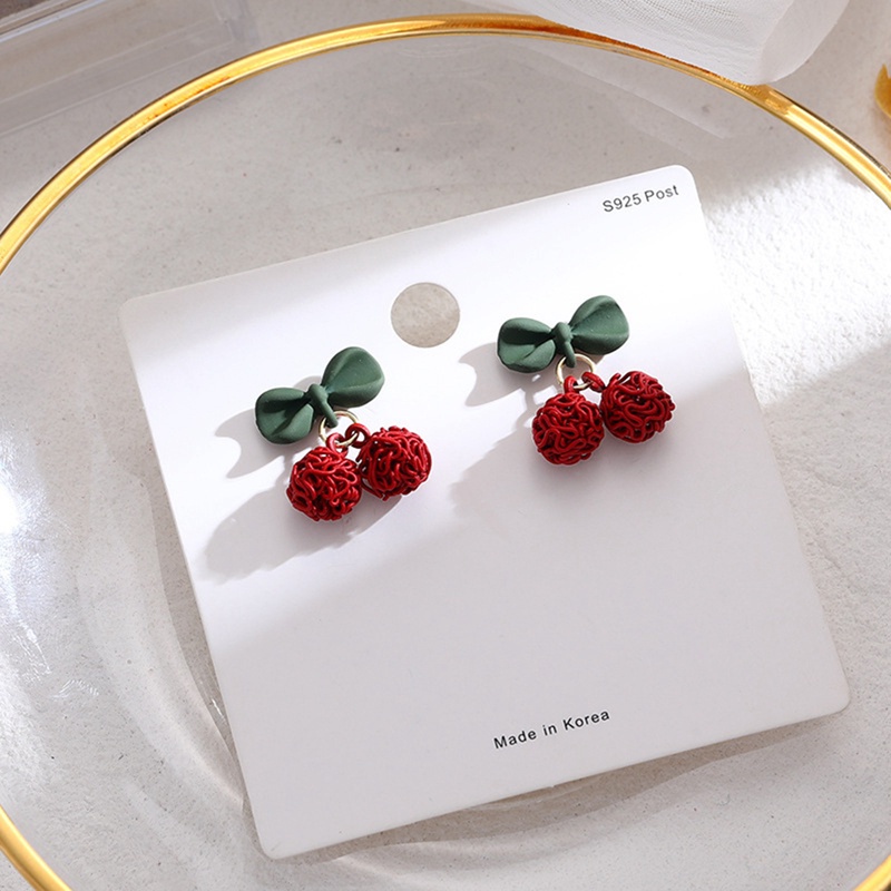 Fancyqube Anting Stud Kristal Mutiara Berlian Imitasi Model Pita Bunga Cherry Merah Untuk Wanita